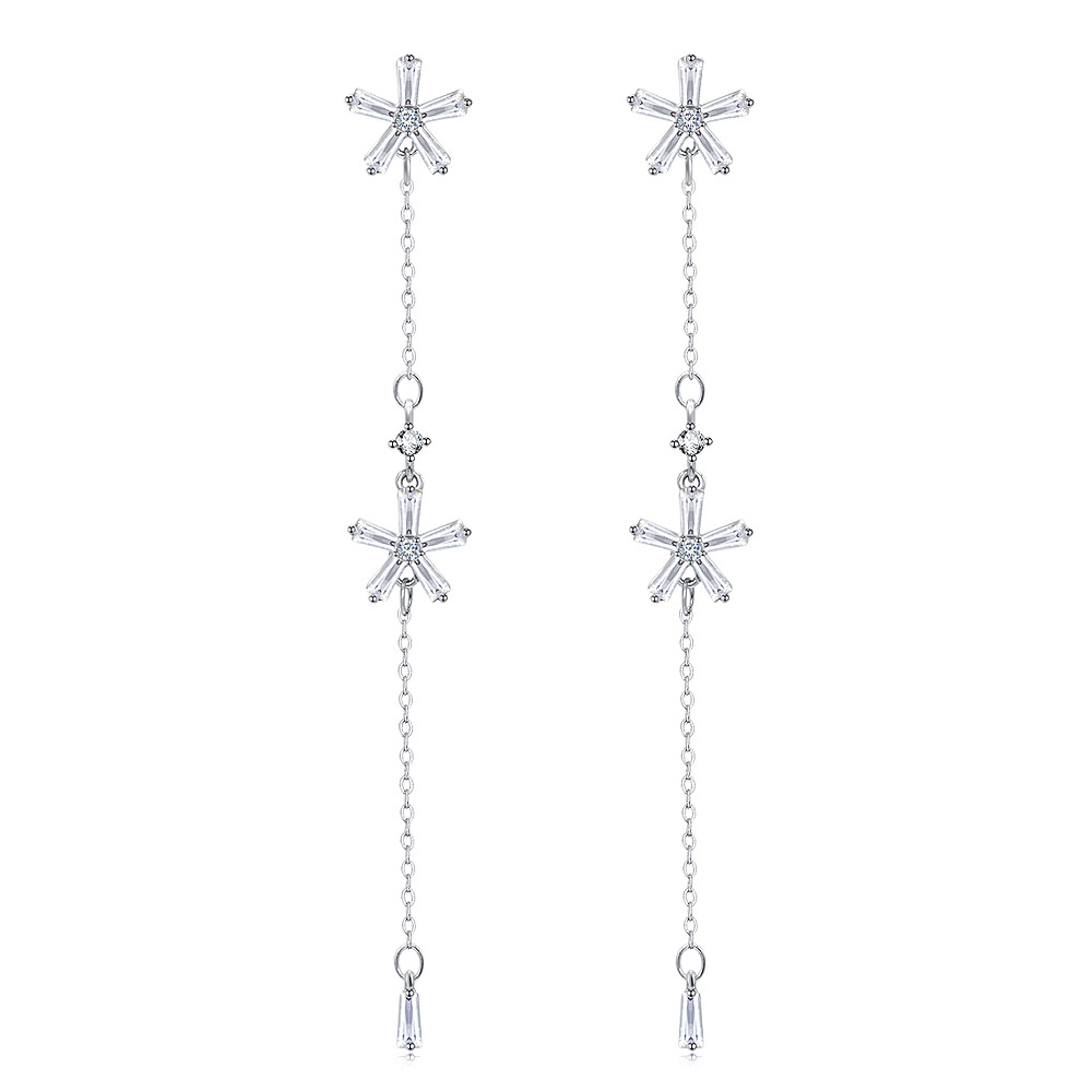 Flower Baguette-Cut Diamond Dangle Earrings